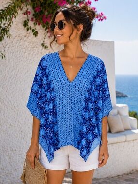 Francesca's Collections Miami Blue Mediterranean Prrint V-Neck Caftan Top M